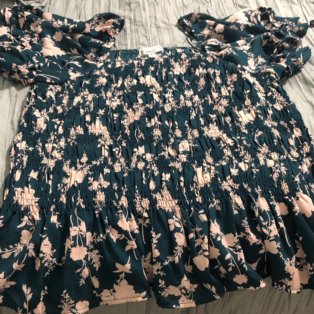 We The Free Teal and Pink Smocked Top